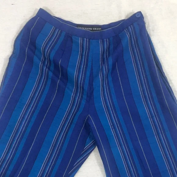 Pure Silk Blue Slimming Vertical Stripe Crop Pant Soft Pants Designer Trousers 6 - Picture 3 of 9